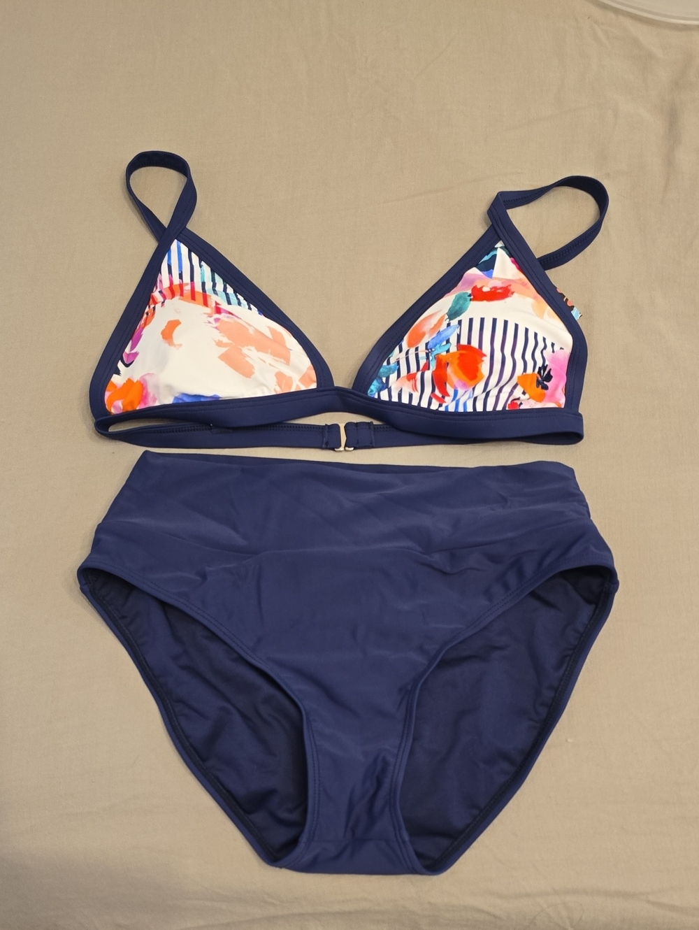 Hapari Navy Floral Stripe Triangle Bikini Set